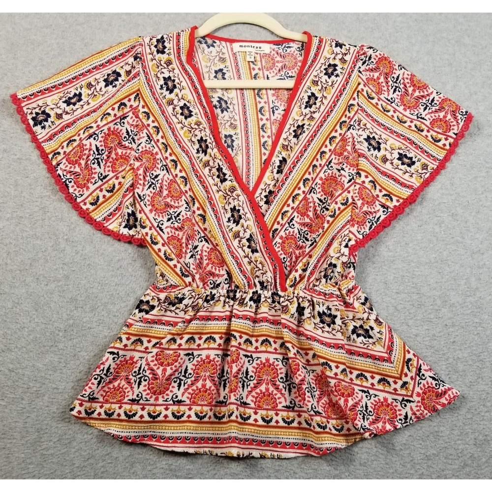 Monteau Peplum Top Women S Small Floral Boho Lowcut V Neck Whimsy Spring Blouse